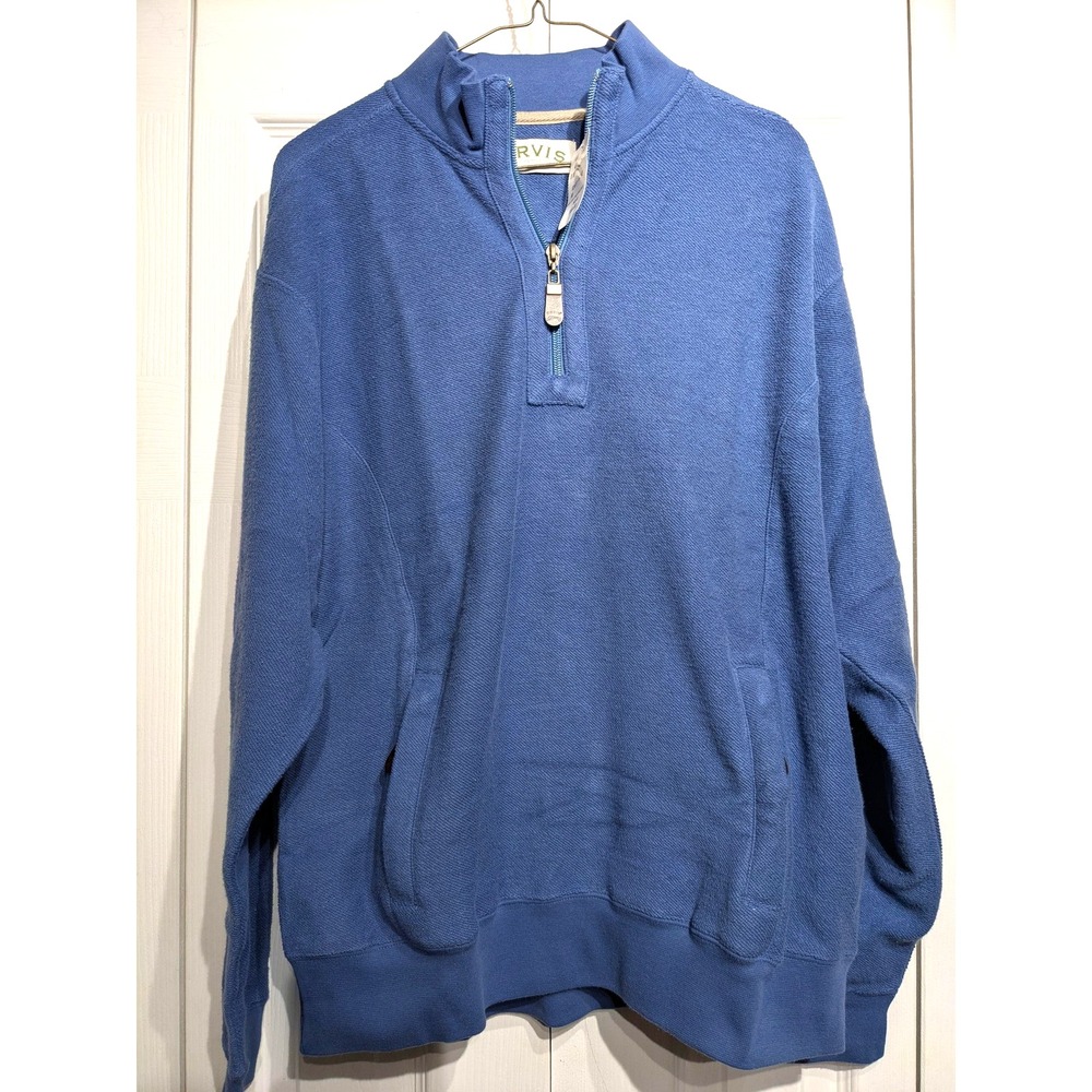 Orvis French Terry Sweatshirt Mens M Indigo Quarter Zip Pullover Pockets NWT